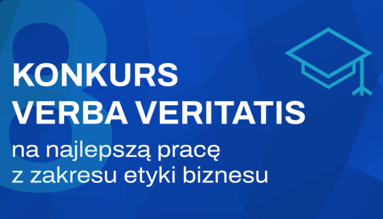 na granatowym tle grafika informująca o 18. edycji Konkursu Verba Veritas; z boku na białym tle logo ALK i ZFP