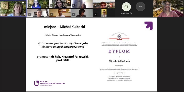 Zrzut ekranu z informacją o nagrodzie – Michał Kulbacki Państwowe fundusze majątkowe jako element polityki antykryzysowej. 