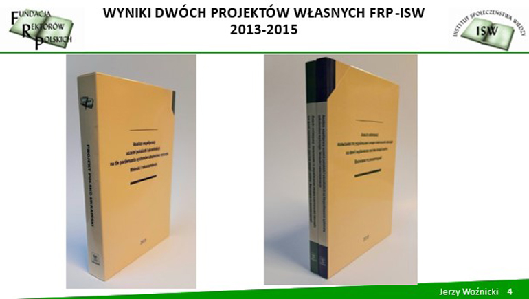 Grafika z okładkami książek i napisem Wyniki dwóch projektów własnych FRP-ISW 2013-2015
