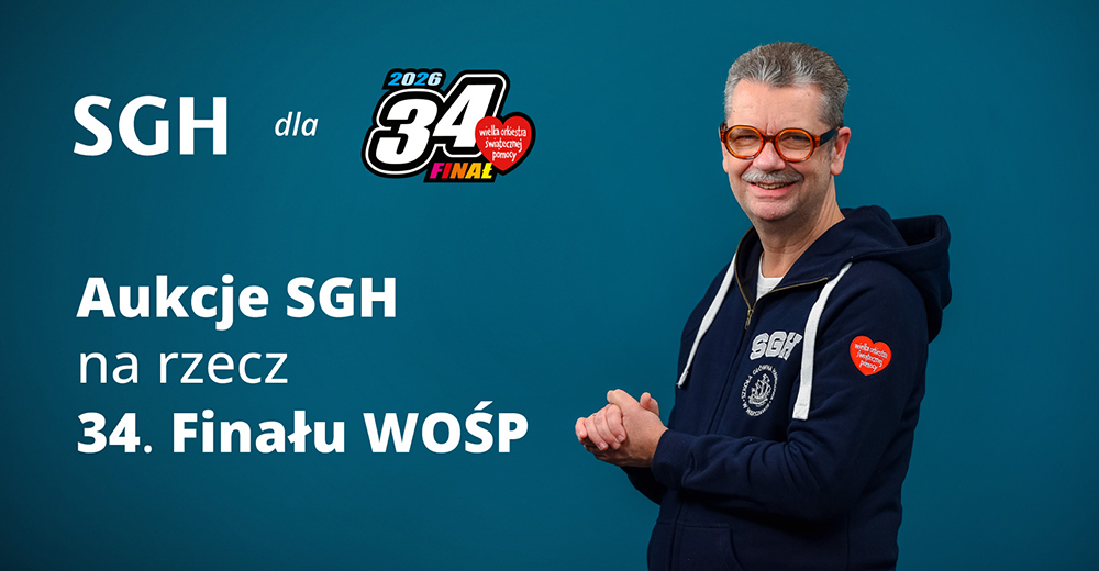 na grafice mężczyzna z napisem Aukcje SGH na WOŚP