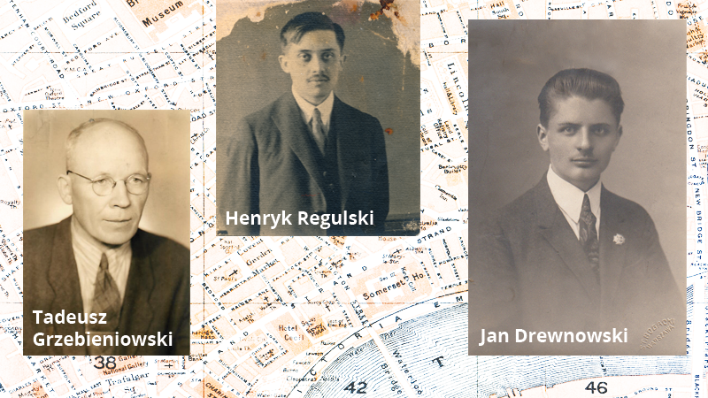 na zdjęciu Tadeusz Grzebieniowski, Henryk Regulski i Jan Drewnowski na tle mapy Londynu