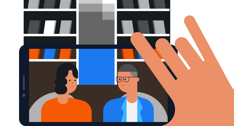 grafika przedstawiająca dłoń trzymającą ekran na którym są umieszczeni ludzie