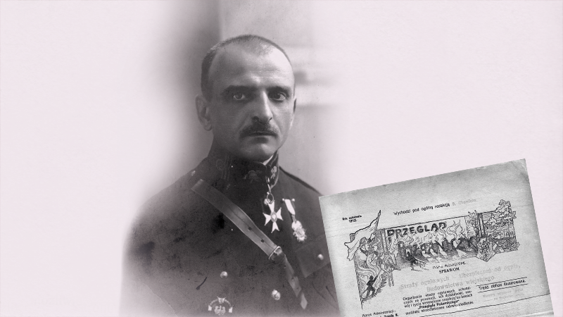 Na grafice zdjęcie Bolesława Chomicza oraz skan „Przeglądu Pożarniczego”