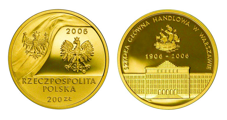 Okolicznościowa złota moneta 200-złotowa (awers i rewers) FOT. ARCHIWUM SGH