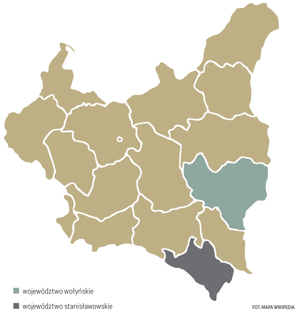 mapa z zaznaczonymi województwami: województwo wołyńskie, województwo stanisławowskie