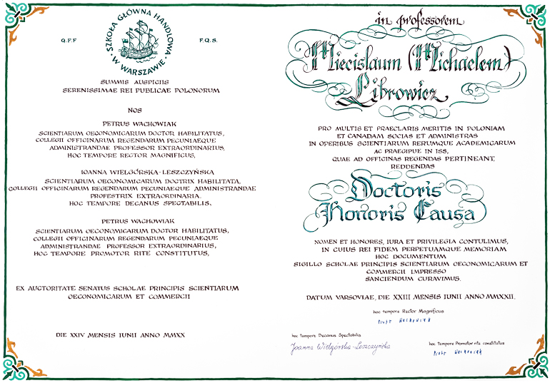 dyplom doctora honoris causa dla profesora Michela Librowicza
