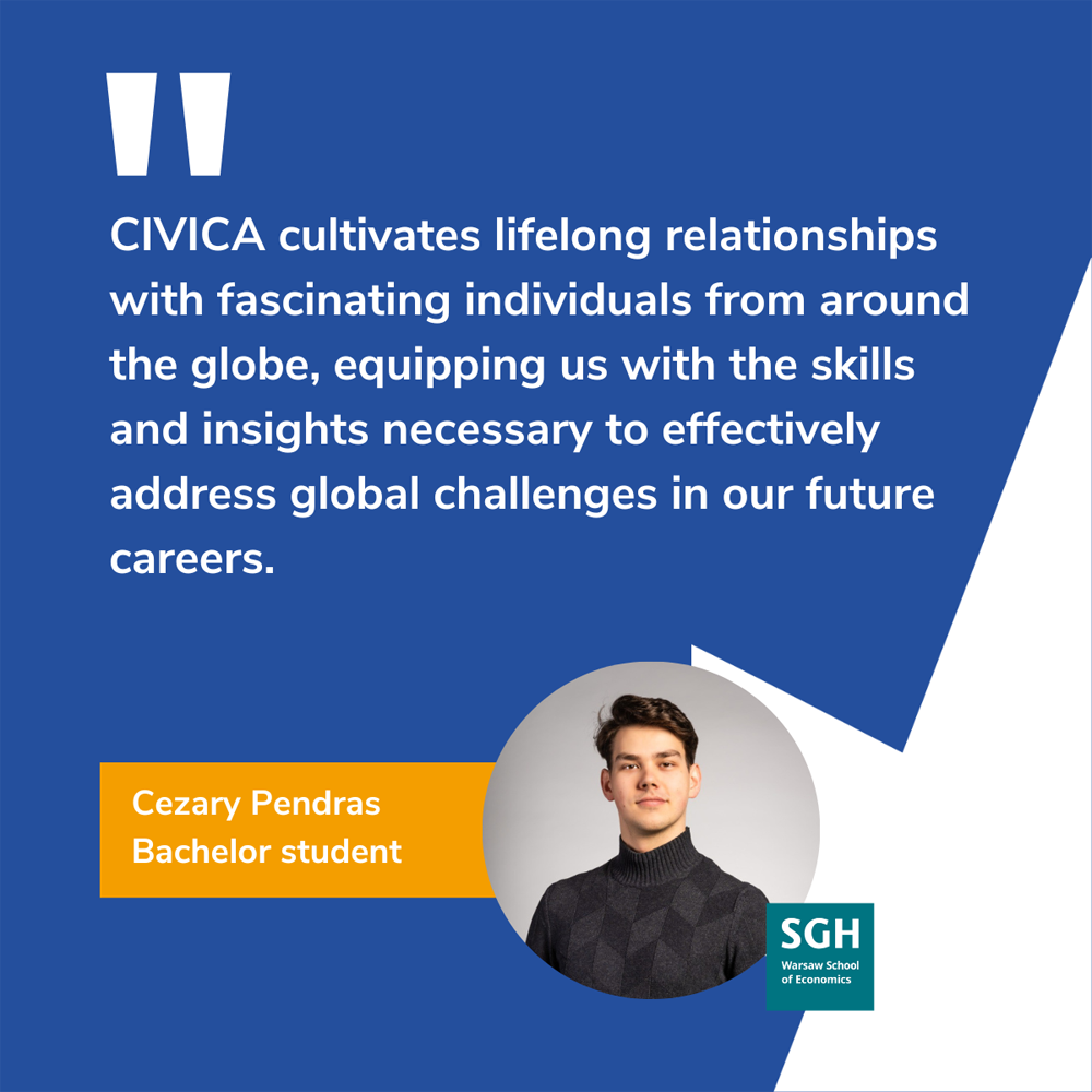 na zdjęciu Cezary Pendras z cytatem “CIVICA is another part European integration in which we should all take part as active citizens. Democracy thrives with engaged people, and CIVICA aligns with my belief in civic engagement as the path to sustainable development”.