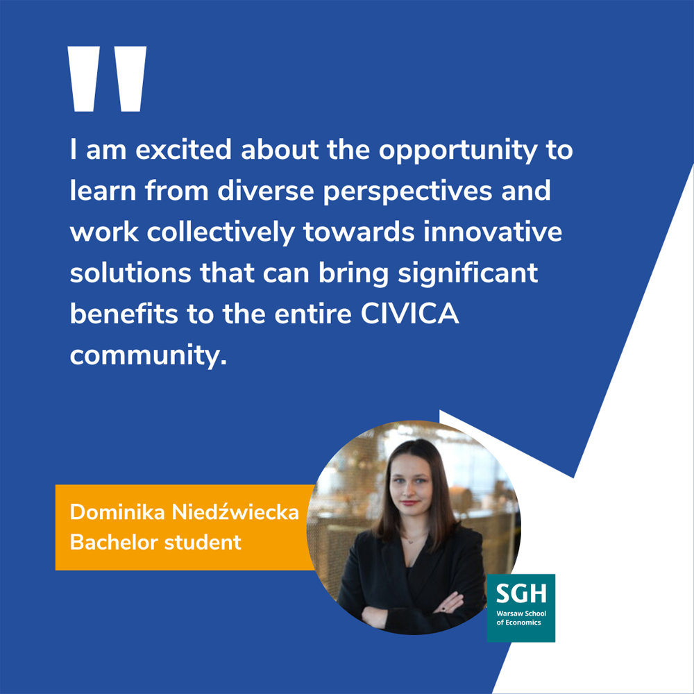 na zdjęciu Dominika Niedźwiecka z cytatem “I'am excited about the opportunity to learn from diverse perspectives and work collectively towards innovative solutions that can bring significant benefits to the entire CIVCA community”.