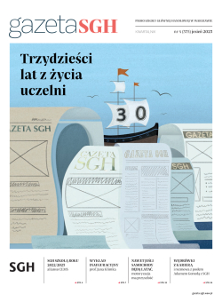 Okładka Gazety SGH nr 375 jesień. Na okładce fale z gazet i statek z żaglami w kształcie liczy 30