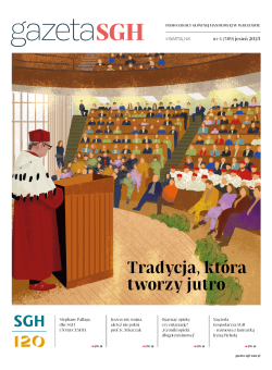 aula główna podczas inauguracji, rektor za mównicą i pełna sala - rysunek