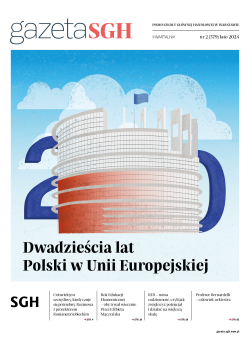 Okładka Gazety SGH nr 379 lato 2024. Na okładce graficzne przedstawienie Parlamentu Europejskiego w kolorze biało-czerwonym, w tle 20.