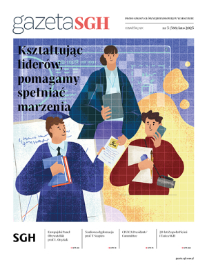 na okładce graficzne przedstawienie trzech postaci, którzy trzymają atrybuty biznesowe