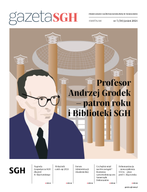 okładka gazety: na grafice biblioteka SGH oraz prof. Andrzej Grodek