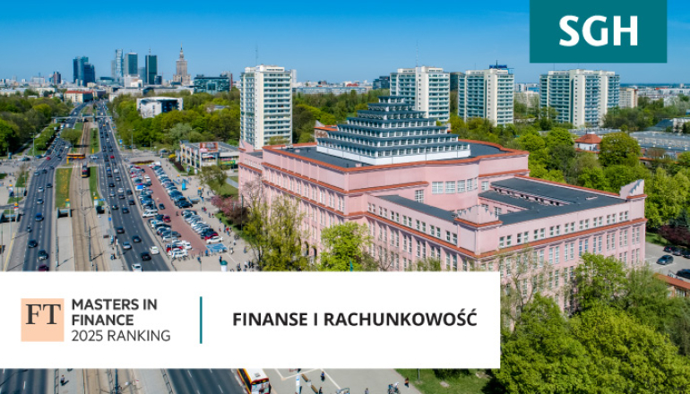 zdjęcie budynku głównego SGH z lotu ptaka; w lewym dolnym rogu logo FT oraz napis finanse i rachunkowość