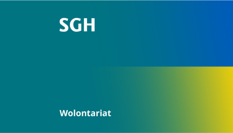 Na grafice: Kolor zielony SGH przechodzący w kolory flagi ukraińskiej z Logo uczelni i napisem wolontariat 