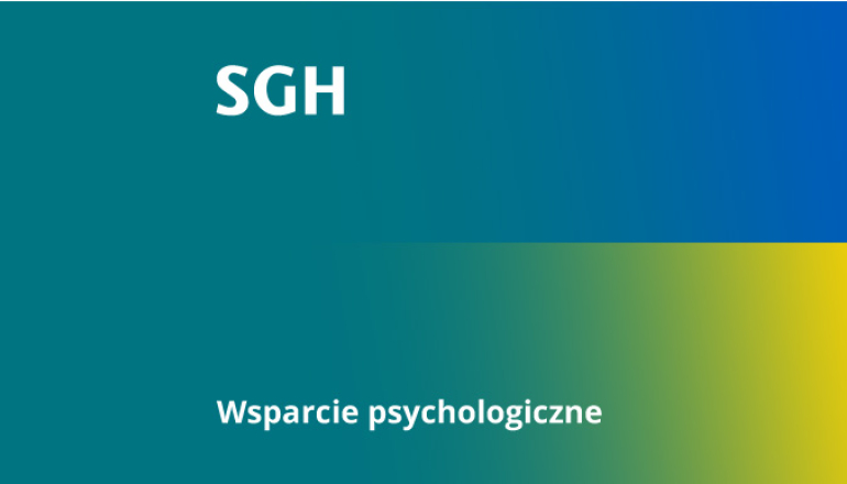 na grafice: zielony kolor SGH przenikający w kolory flagi ukraińskiej z napisem wsparcie psychologiczne