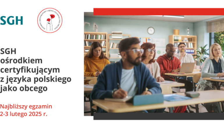 grafika przedstawiająca z prawej zdjęcie grupki osób w sali, po lewej na białym tle napis: SGH ośrodkiem certyfikującym z jezyka polskiego jako języak obcego