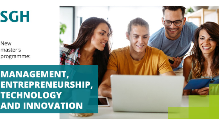 grafika: w części centralnej zdjęcie młodych ludzi przed laptopem, po lewej na białym tle logo SGH oraz napis: new master's programme Management, Entrepreneurship, Technology and Innovation (METI)