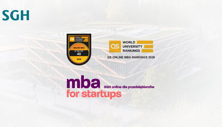 grafika przedstawiająca loga i napis mba for Startups na tle zdjęcia budynku 