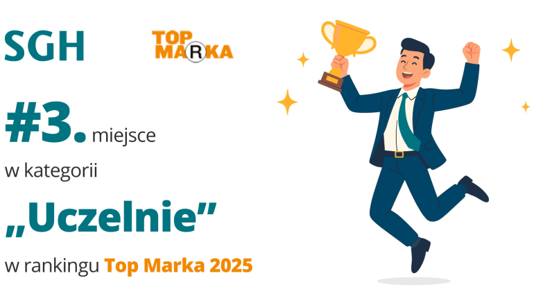 na grafice logo SGH, informacja o 3 miejscu i ludzik z pucharem