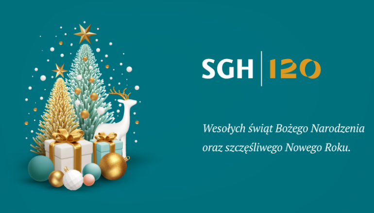 na turkusowym tle choinka z prezentami i życzenia świąteczno-noworoczne