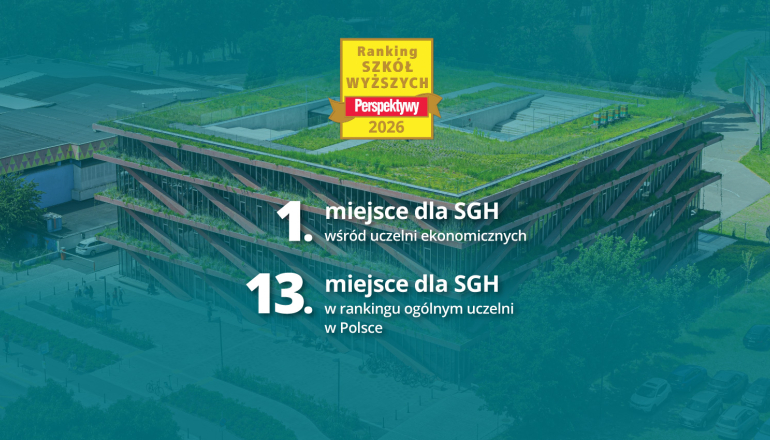 na turkusowym tle nowy budynek uczelni; na froncie żółte logo 