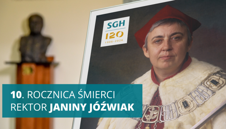zdjęcie kobiety w todze rektorskiej, w tle jej popiersie i na dole napis: 10. rocznica śmierci rektor Janiny Jóźwiak