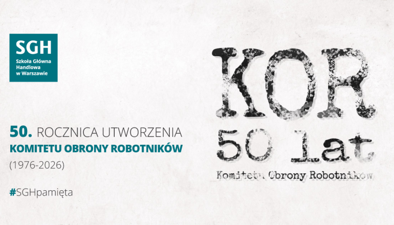 na białym tle napis KOR 50 lat, po lewej stronie logo SGH