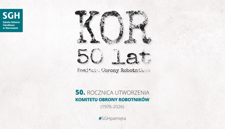 na białym tle napis KOR 50 lat, po lewej stronie logo SGH