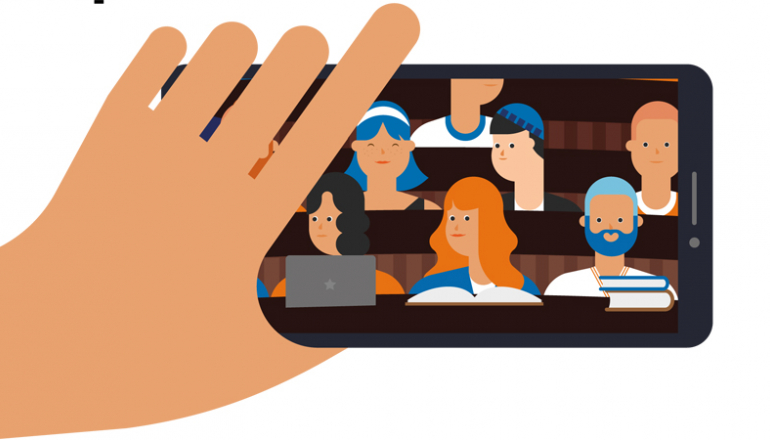 grafika przedstawiająca dłoń trzymającą ekran na którym sa umieszczeni ludzie