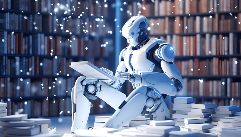 Robot siedzący w bibliotece i czytający książki