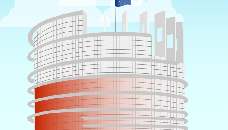 Na grafice Parlament Europejski w kolorze biało-czerwonym
