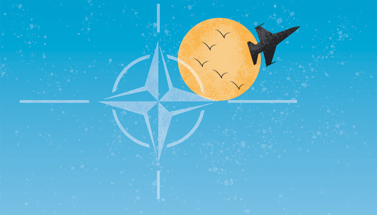 grafika przedstawiająca symbol NATO, słońce oraz samolot odrzutowy, bojowy. Na tle słońca 5 ptaków lecących w kluczu