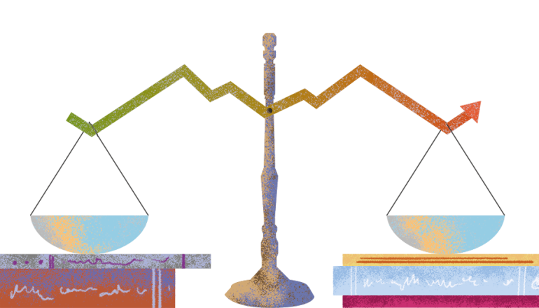 Grafika z wagą, szale nad stosami książek
