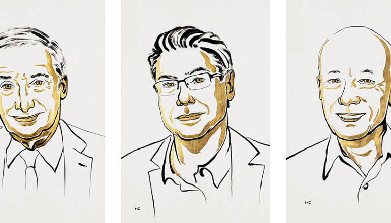 grafika twarzy trzech noblistów z ekonomii 2026