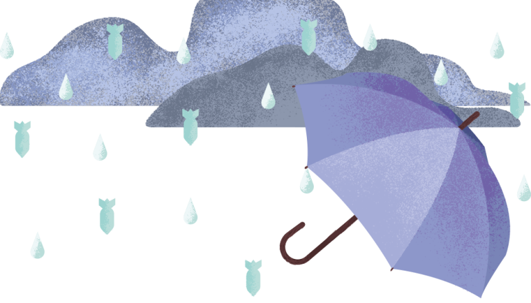 Rysunek parasola, chroniącego przed spadającymi niczym deszcz bombami