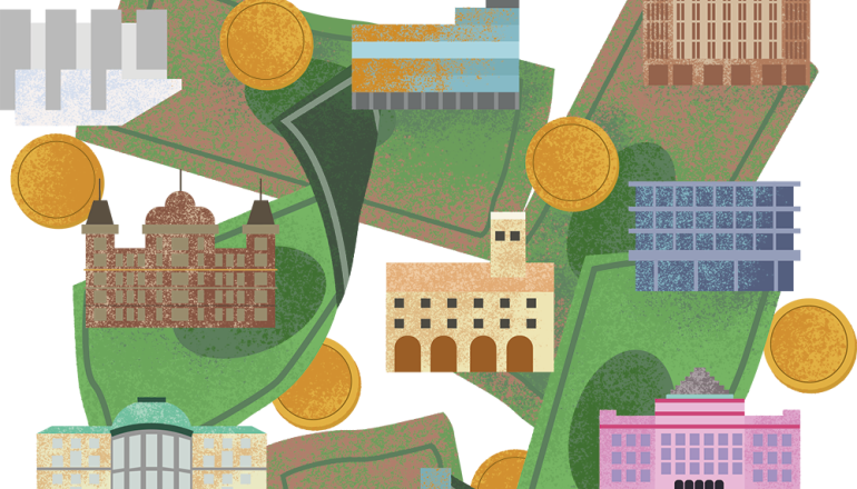 Grafika, trawnik z bryłami gmachów uczelni europejskich 