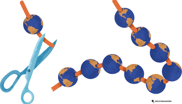 kule ziemskie nawleczone na sznurek, który jest przecięty nożyczkami