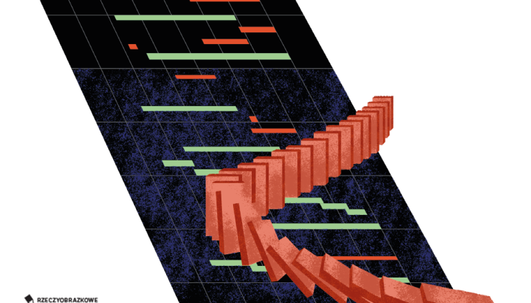 ceglaste klocki domino  na granatowej kartce