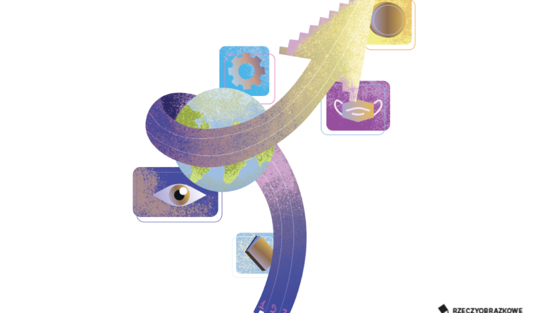 kolorowa strzałka okalająca kule ziemska i kwadraty z symbolami: oko,  śruba, maseczka, koło