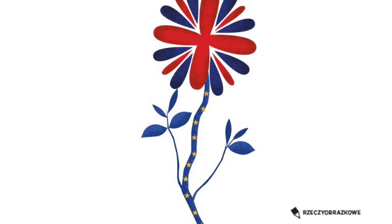 kwiatek stylizowany na flagę angielską z łodygą granatową w gwiazdki