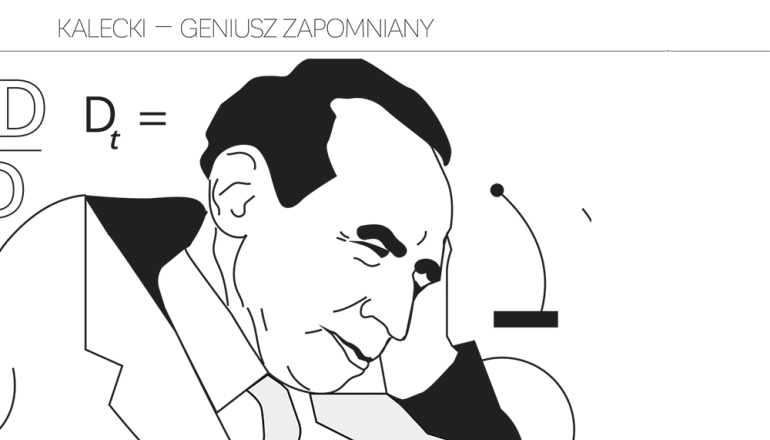 grafika przedstawiająca prof. Kaleckiego z napisem Kalecki - geniusz zapomniany
