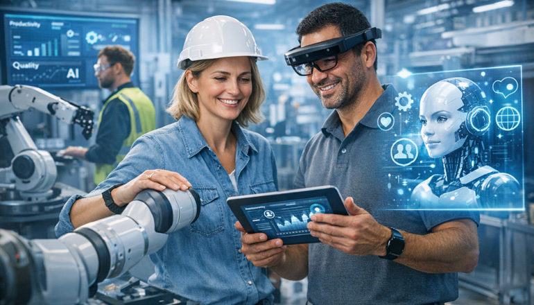 ludzie pracujący z robotami 