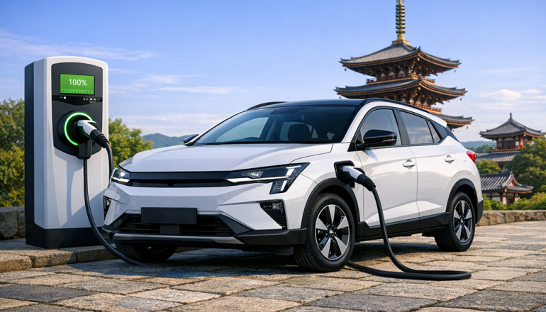 rysunek AI samochód podłączony do ładownia w tle pagoda