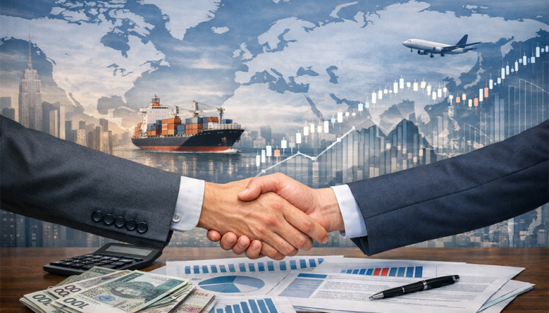 uściśnięte dłonie na tle dokumentów, statków, wykresów - obraz wygenerowany przez AI 