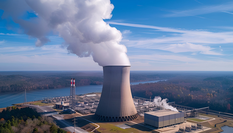 Elektrownia jądrowa z chłodnią kominową emitującą parę wodną, otoczona naturalnym krajobrazem i rzeką. 