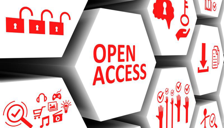 na grafice biały plaster miodu z napisem open access i małymi grafikami 