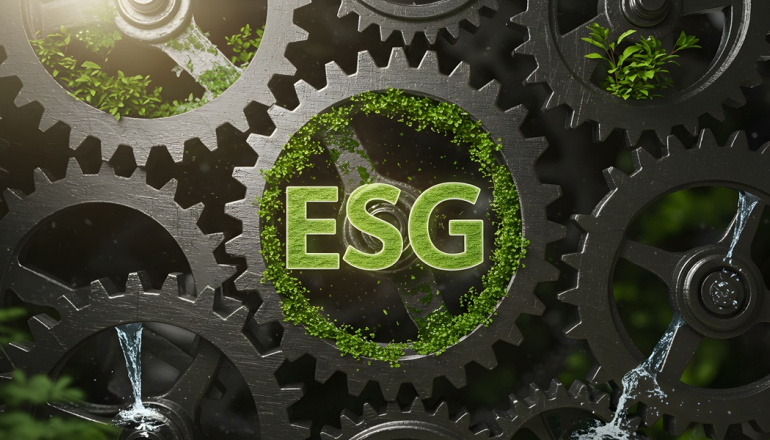 zielony napis ESG w trybach kół zębatych