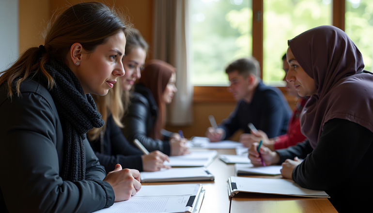 na zdjęciu osoby siedzące przy stole i rozmawiające