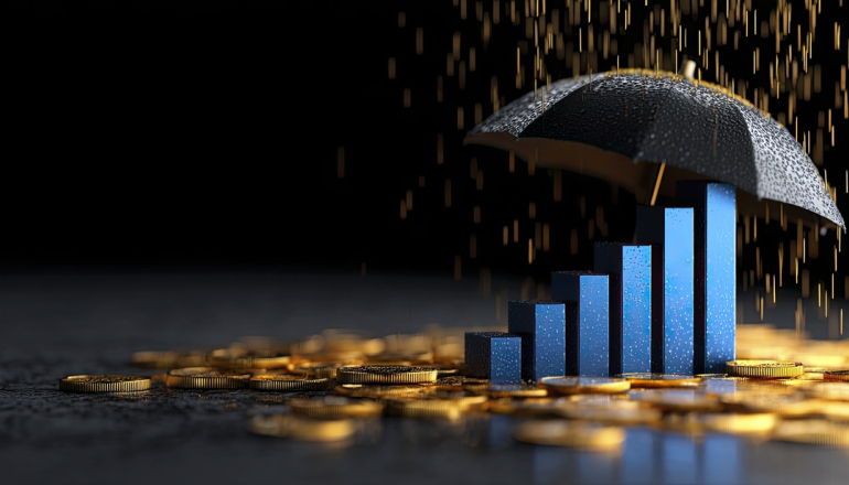 grafika przedstawiająca słupki z wykresu na kupce złotych monet, nad nimi parasol chroniący przed padającym deszczem